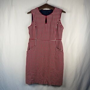 Lands' End sleeveless red, navy and ivory polka dot sheath dress, pockets